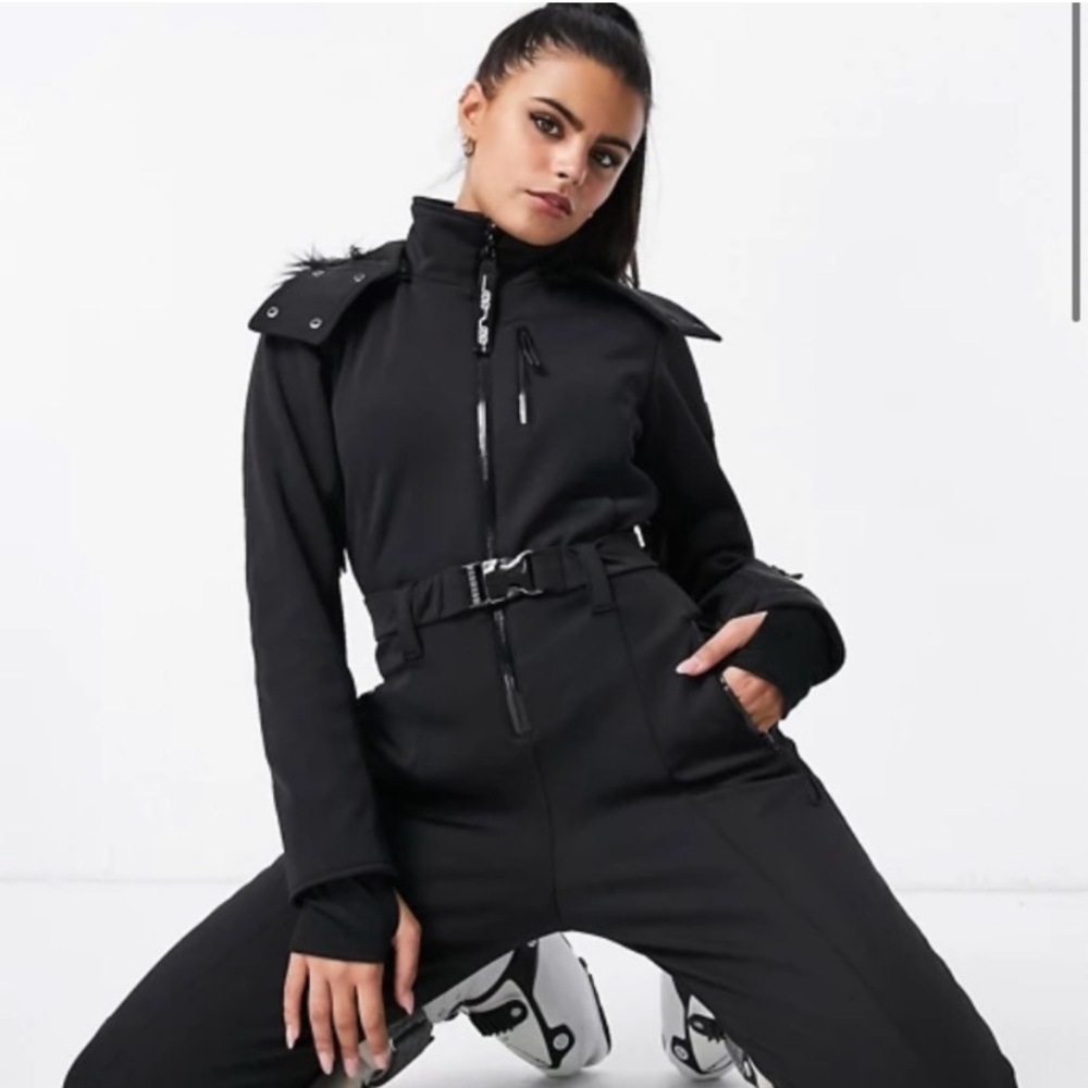 ASOS 4505 ski fitted belted ski suit with fur faux hood 2 NWT